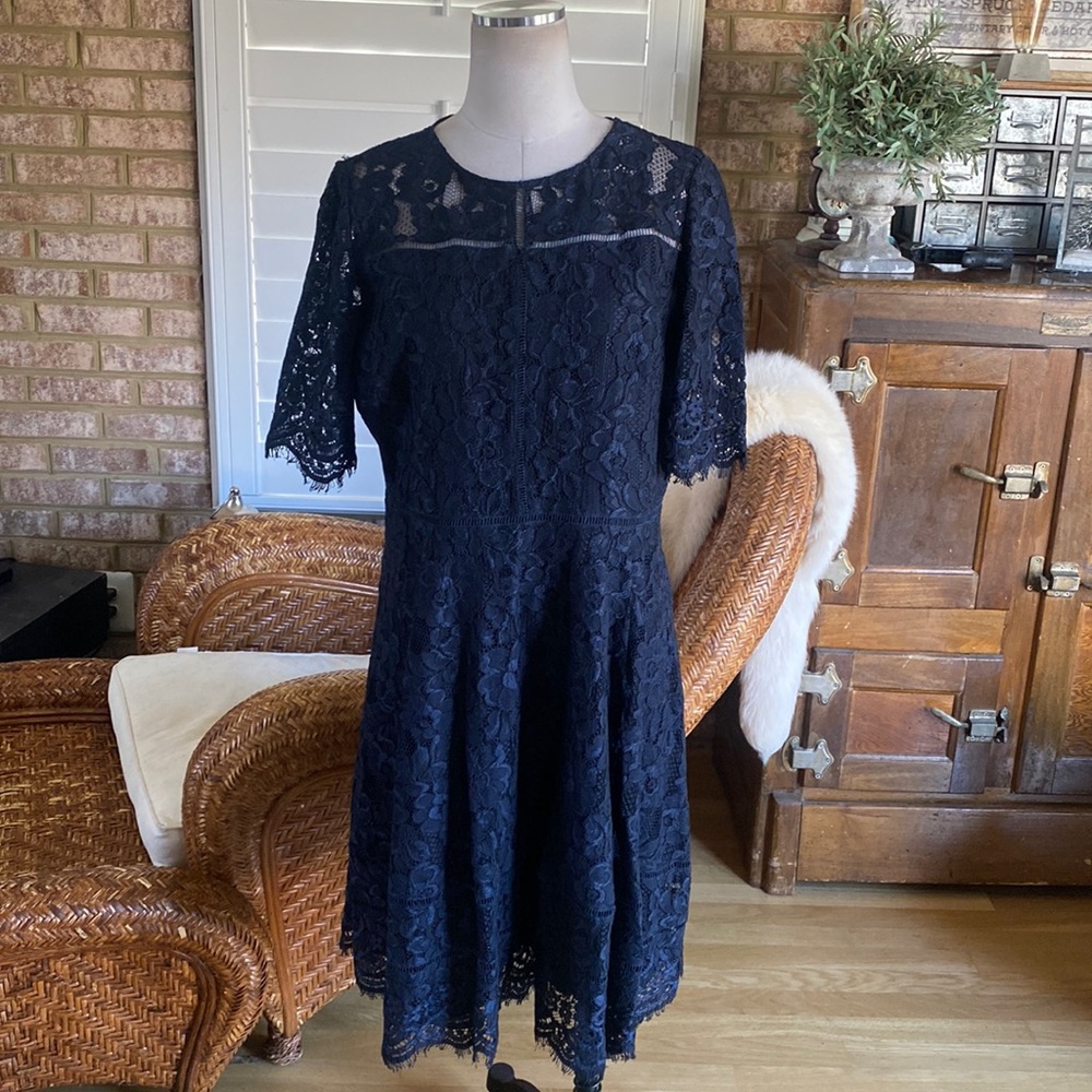 HOBBS LONDON NAVY LACE DRESS 14 EXCELLENT